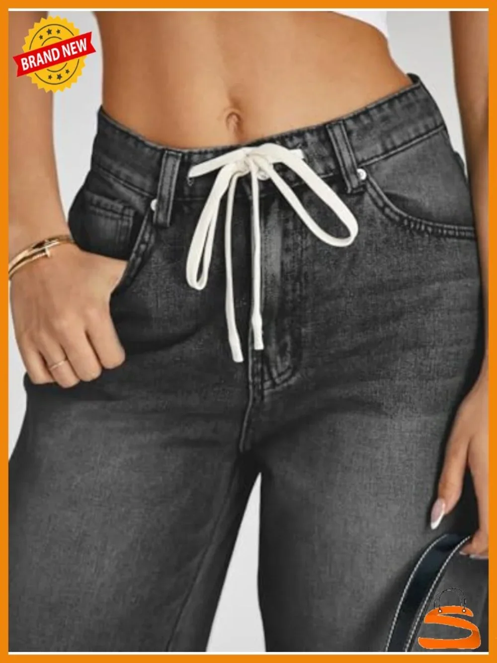 High Waisted Wide Leg Jeans with Drawstring and Pockets